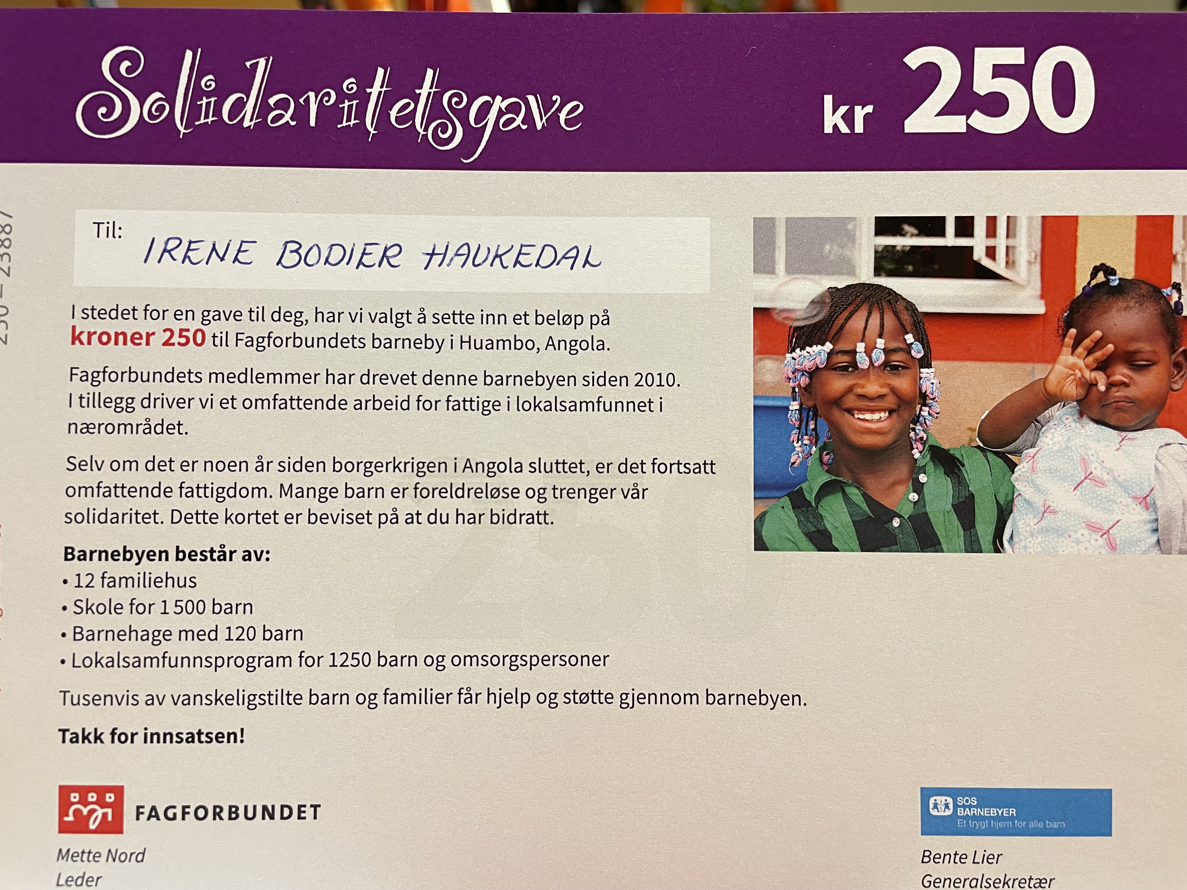 Solidaritetsgavekort Fagforbundets barneby